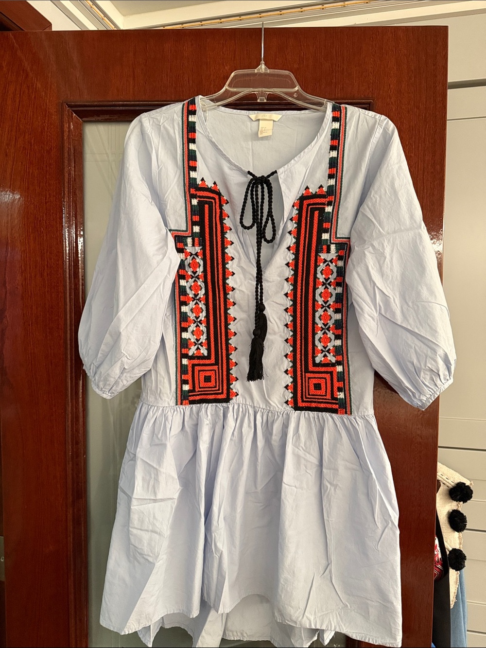 H&M Light Blue Dress with Red and Black Embroidered Panels